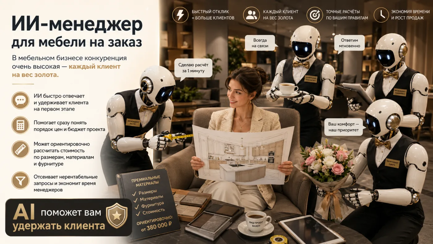ИИ-менеджеры консультируют клиентку в мебельном салоне: предварительный расчёт кухни, материалы и запись на замер