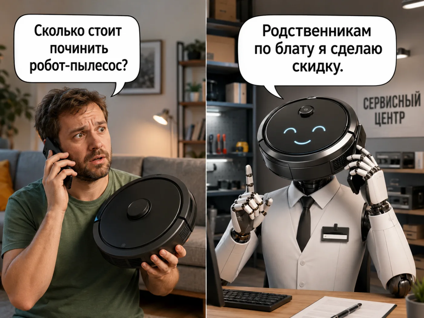 Клиент спрашивает стоимость ремонта робот-пылесоса, а ИИ-менеджер сервисного центра отвечает в чате