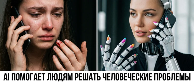 ИИ помогает людям решать человеческие проблемы: клиентка с сломанным ногтем и спокойный ИИ-ассистент с идеальным маникюром